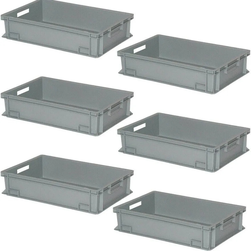 6 Eurobehälter mit 2 Durchfassgriffen, LxBxH 600 x 400 x 150 mm, 27 Liter, grau