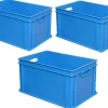 3 Eurobehälter / Stapelkiste, LxBxH 600 x 400 x 320 mm, blau, Inhalt 63 Liter