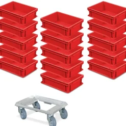 15 Eurobehälter 400x300x120 mm, rot, lebensmittelecht + 1 Alu-Transportroller GRATIS