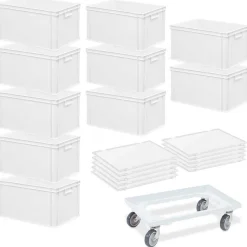 10 Euroboxen, LxBxH 600x400x320 mm + 10 Scharnierdeckel + 1 Transportroller, weiß
