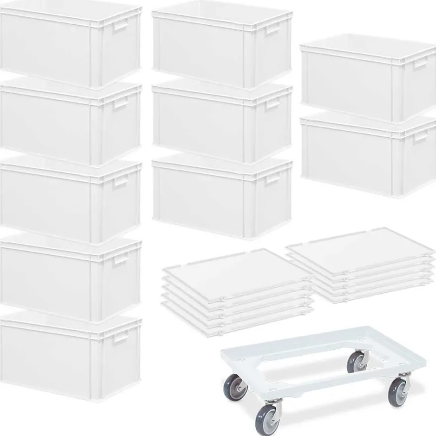 10 Euroboxen, LxBxH 600x400x320 mm + 10 Scharnierdeckel + 1 Transportroller, weiß