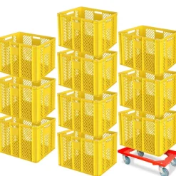 10 Euroboxen, 600x400x410 mm, lebensmittelecht, gelb + GRATIS Transportroller