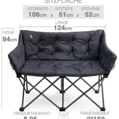 EVER Advanced Campingstuhl Klappbar für 2 Personen, Faltsofa 320KG Belastbar