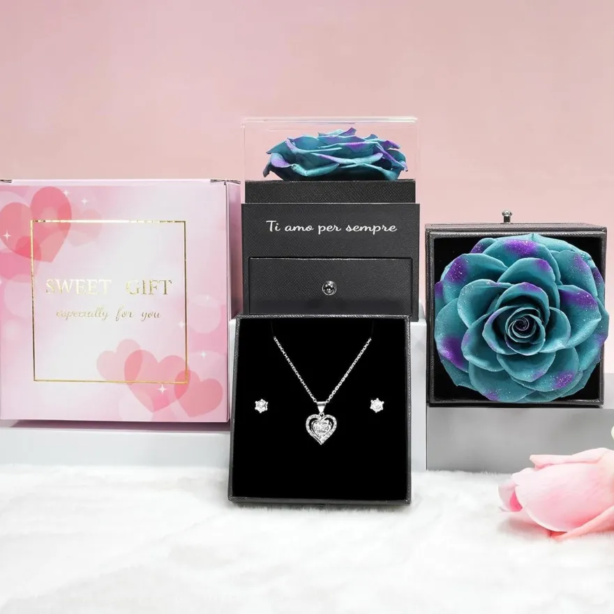Ewige Rote Rose mit Herz Halskette Geschenk für Frauen - Muttertag Weihnachten