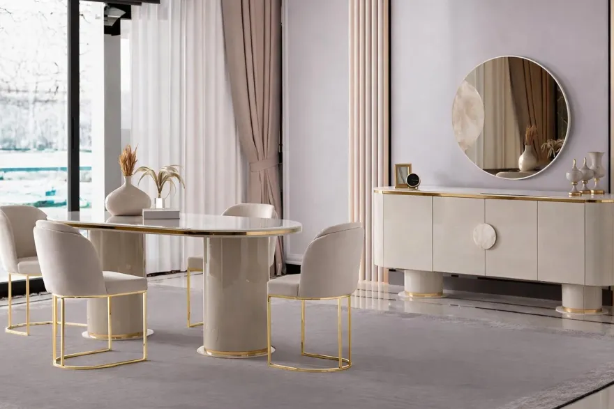 Exklusive Essgruppe Creme mit Sideboard Spiegel und 4 Stühlen