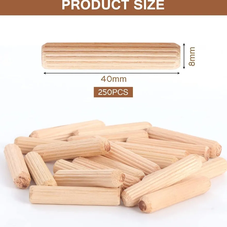 Faankiton 250 Stück Holzdübel Set 8x40mm, Riffeldübel aus Buche für Möbel und