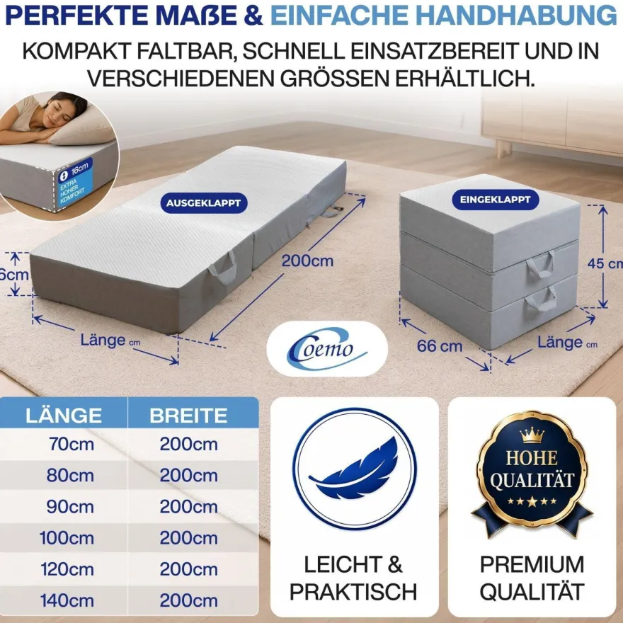 Faltmatratze/ Klappmatratze 3-teilig - platzsparend Gästematratze Visco-Auflage