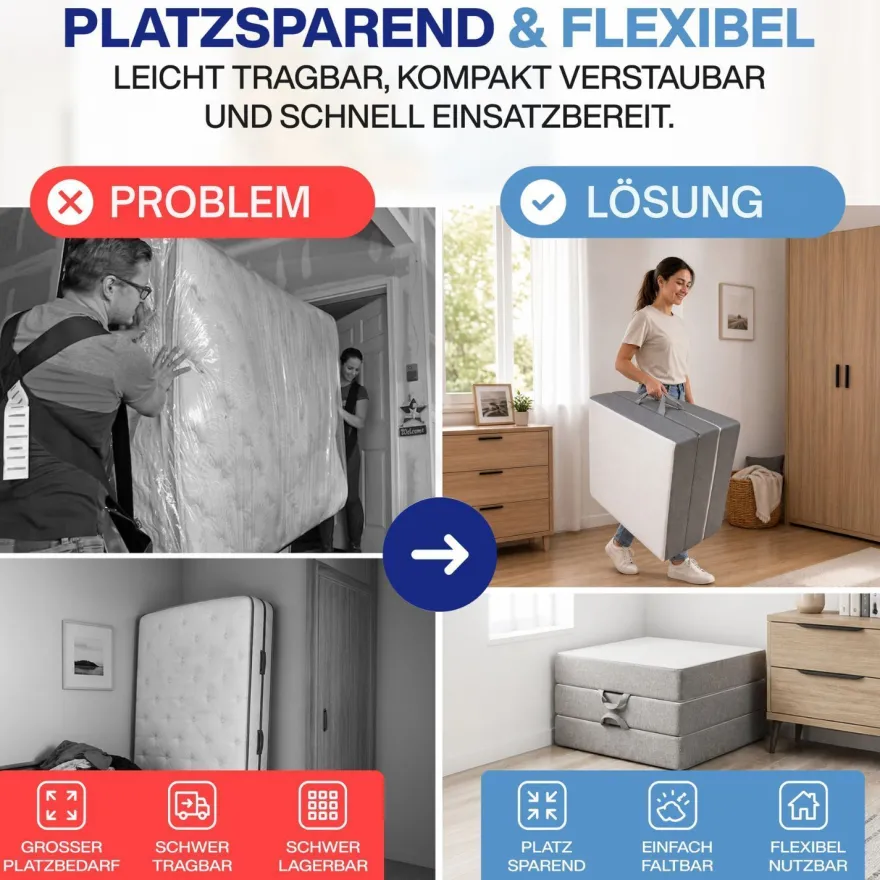 Faltmatratze/ Klappmatratze 3-teilig - platzsparend Gästematratze Visco-Auflage