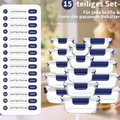 Fenger Meal Prep Boxen aus Glas mit Deckel, 15er Set, Mikrowellen-, Gefrier