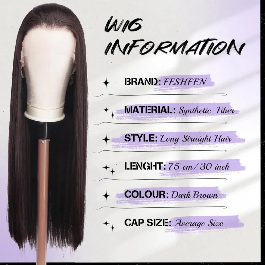 Feshfen Lace Front Perücke Dunkelbraun - Lange Glatte Synthetik Haarperücke für
