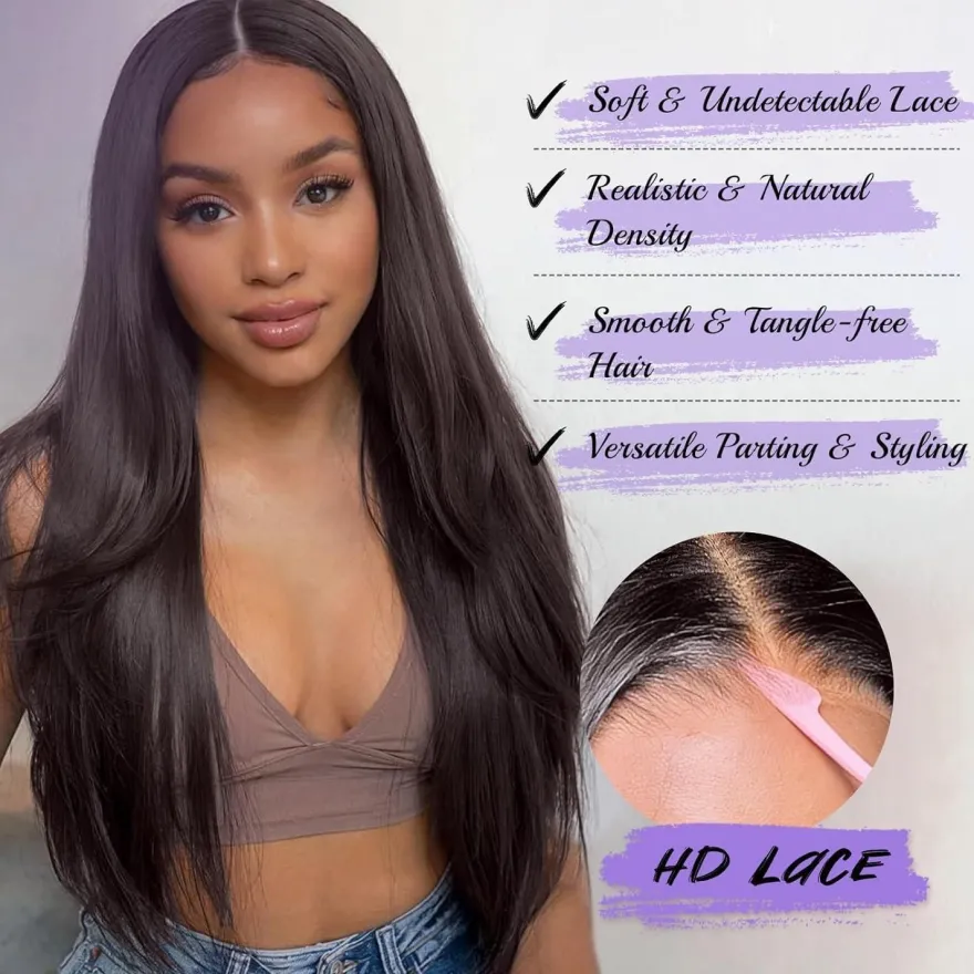 Feshfen Lace Front Perücke Dunkelbraun - Lange Glatte Synthetik Haarperücke für