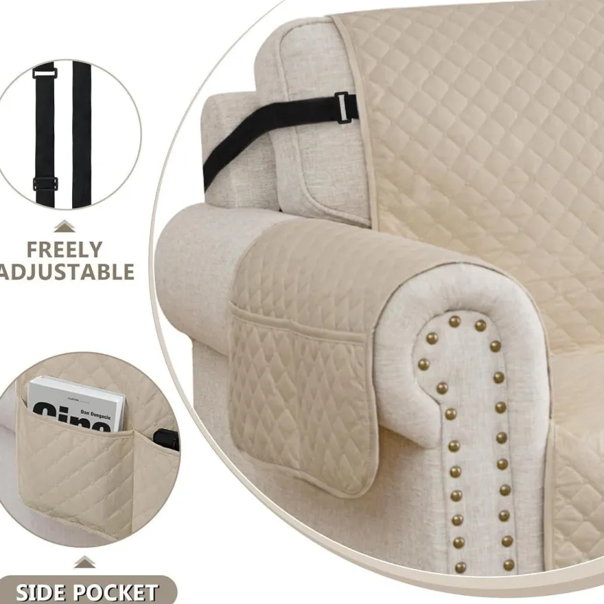FIGOOO wasserdichter Sofabezug 3-Sitzer, gesteppt, rutschfest, kratzfest, beige