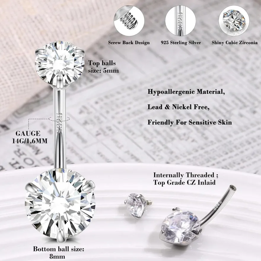 Finrezio 925 Sterling Silber Bauchnabelringe mit Österreich Kristallen, 14G
