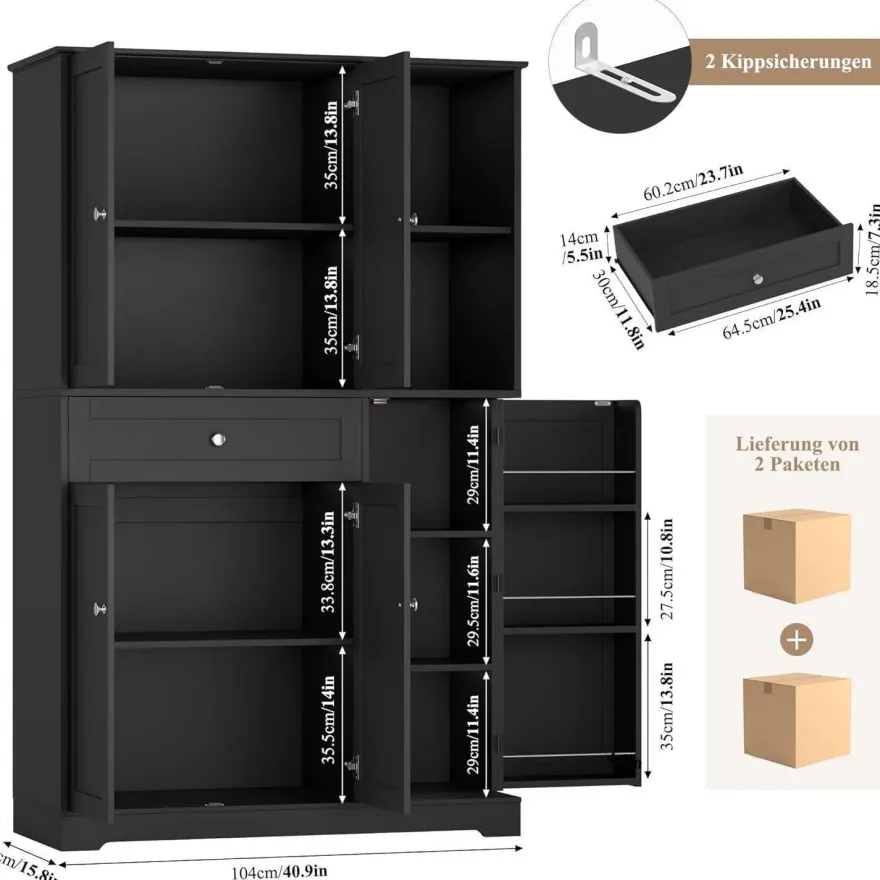 FirFurd Küchenschrank mit Gewürzregal, 5 Türen, 1 Schublade, Hochschrank für