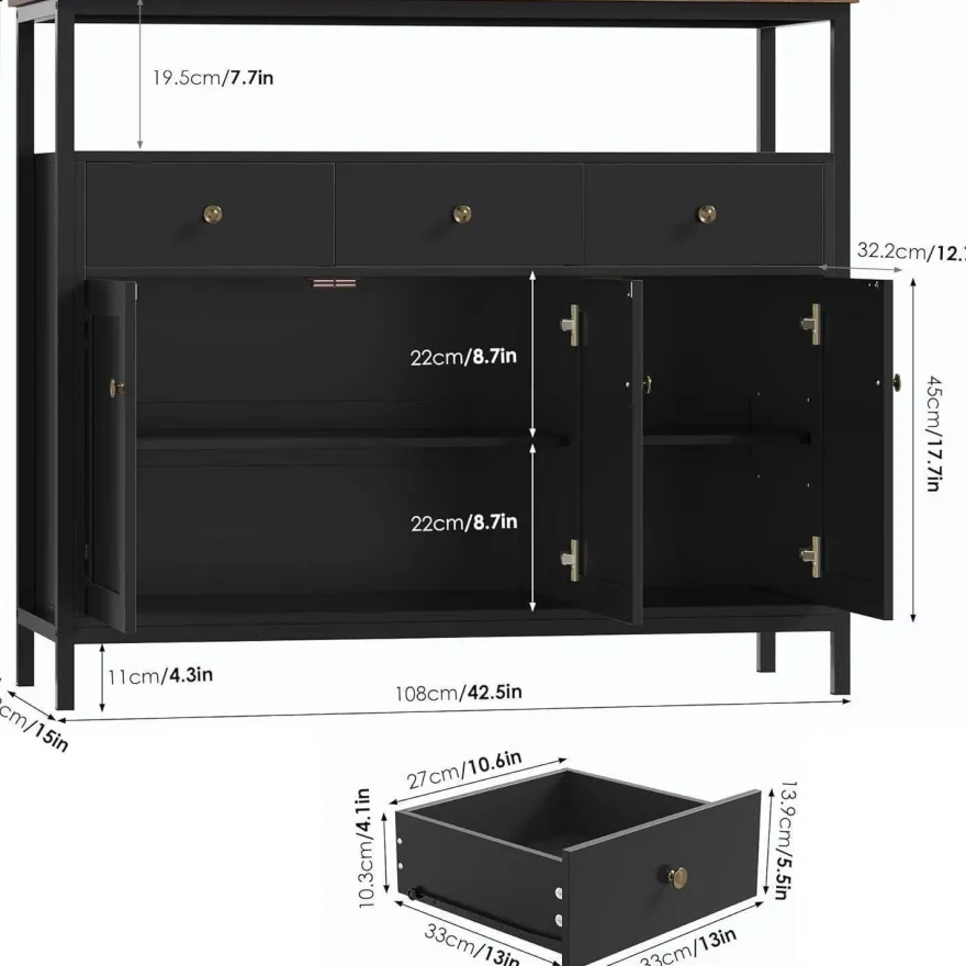 FirFurd Sideboard mit 3 Schubladen und 3 Türen, Küchenkommode, Buffetschrank