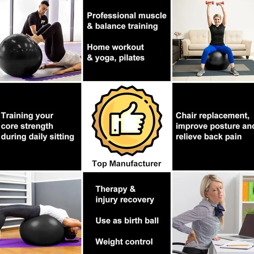 flintronic Gymnastikball 55cm Schwarz mit Fußpumpe - Anti-Burst, Yoga, Pilates