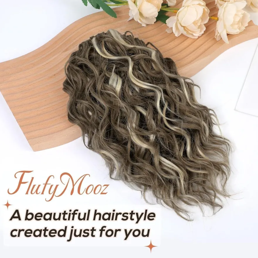 Flufymooz Pferdeschwanz Haarverlängerung, 31cm kurz, gewellt, mit Kinnclip