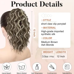 Flufymooz Pferdeschwanz Haarverlängerung, 31cm kurz, gewellt, mit Kinnclip