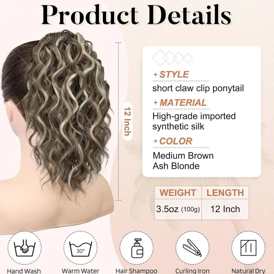 Flufymooz Pferdeschwanz Haarverlängerung, 31cm kurz, gewellt, mit Kinnclip