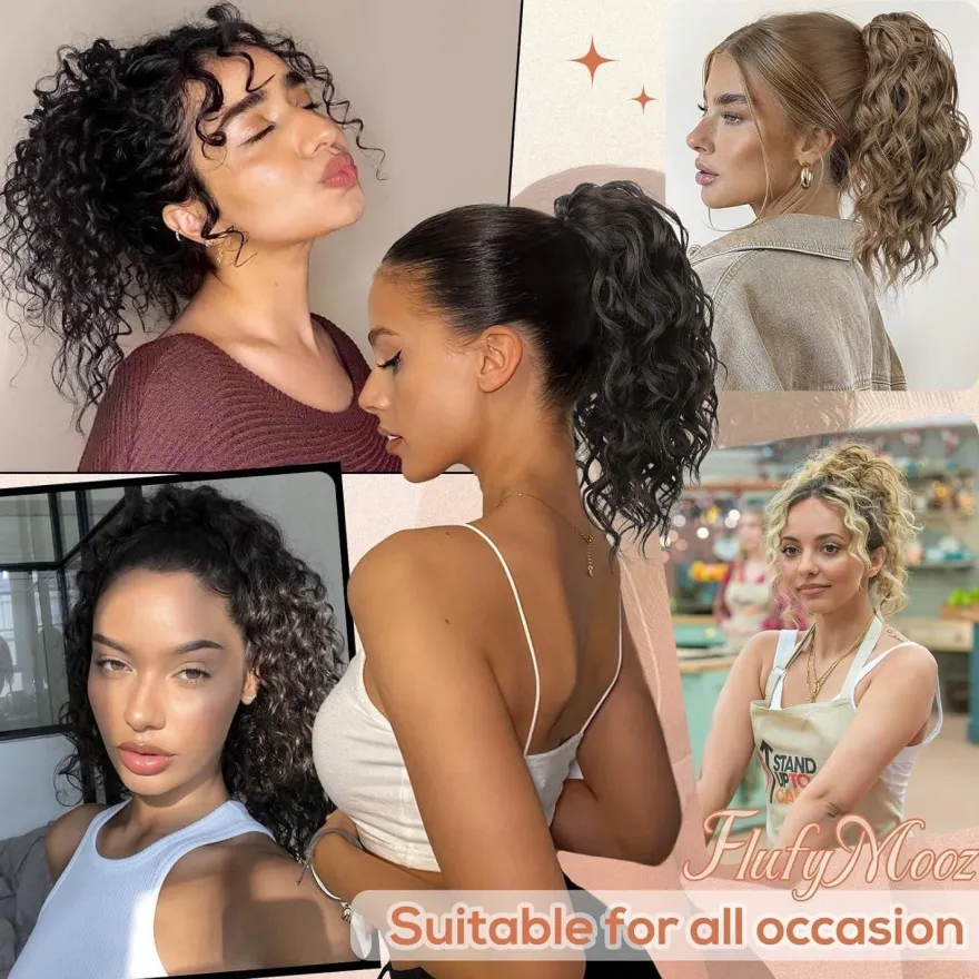 Flufymooz Pferdeschwanz Haarverlängerung, 31cm kurz, gewellt, mit Kinnclip