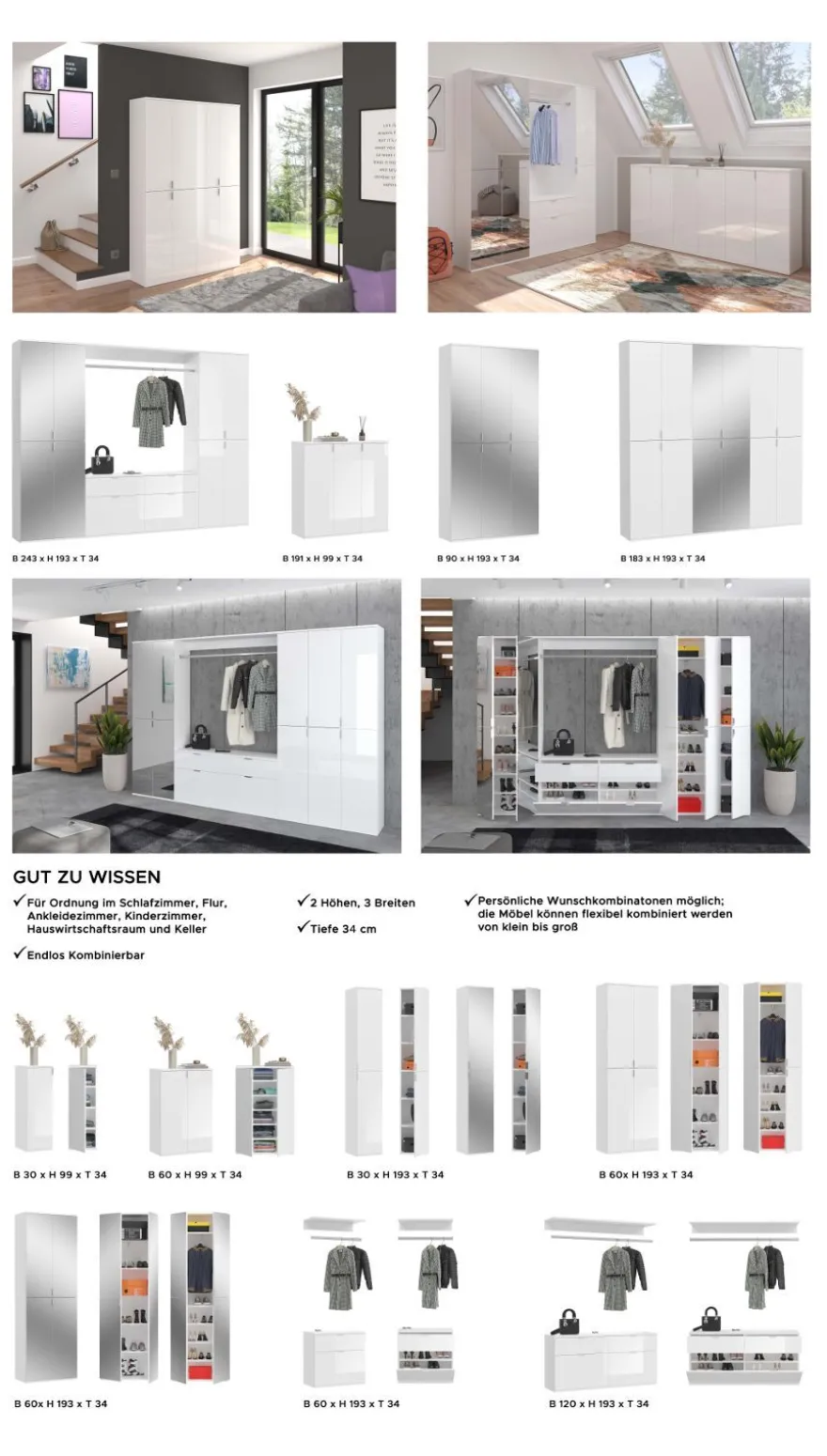 Flur Garderobe Set Garderobenschrank Schuhschrank weiß Hochglanz Spiegel SystemX