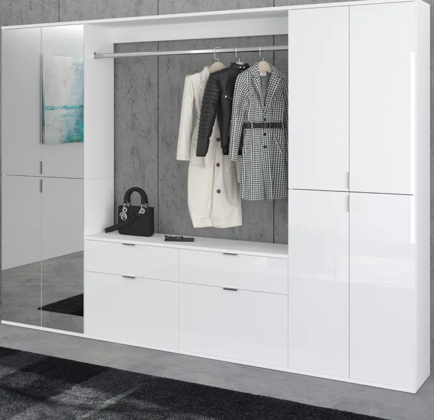Flur Garderobe Set Garderobenschrank Schuhschrank weiß Hochglanz Spiegel SystemX