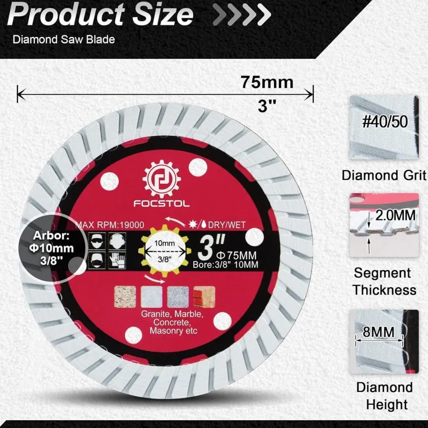Focstol Diamant Trennscheibe 75mm x 10mm - 3 Stück Diamant Sägeblatt für