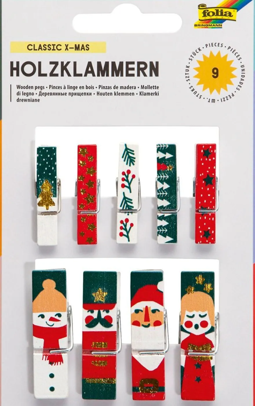 folia 22955 Holzklammern 9 Stück X-Mas Weihnachtsmotive