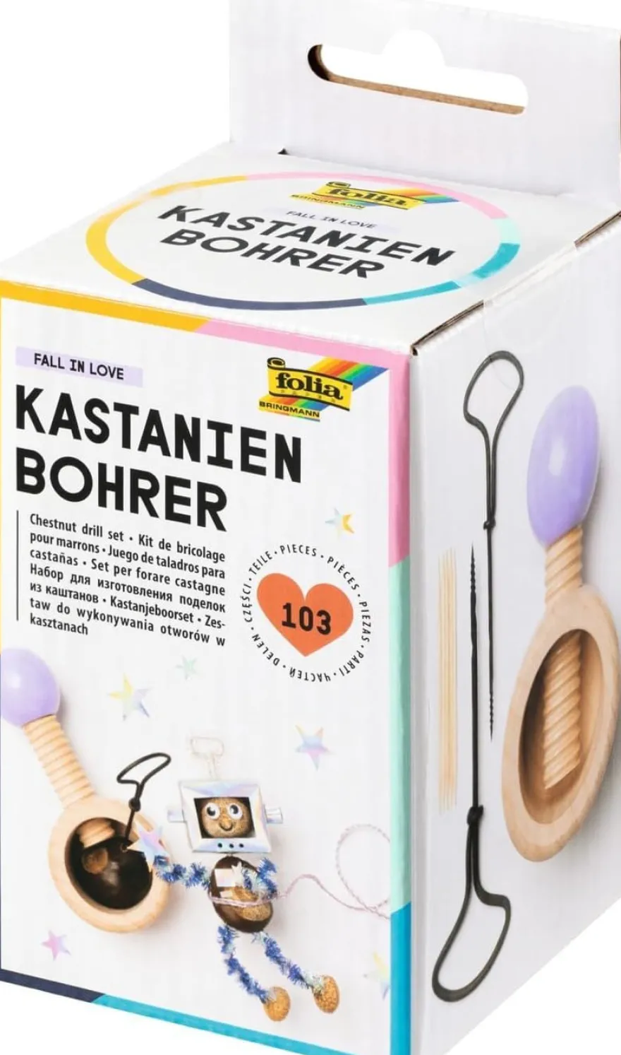 folia 23007 - Kastanienbohrer Bastelset FALL IN LOVE mit Haltevorrichtung aus Holz, 2