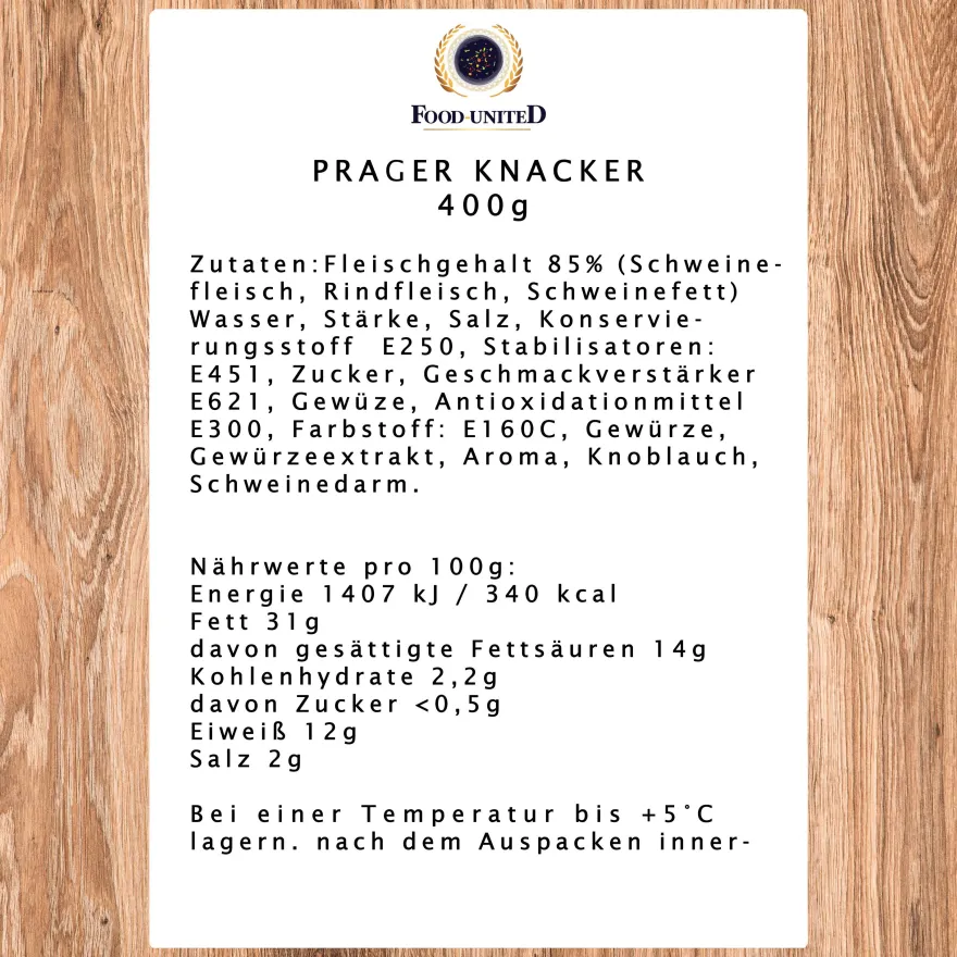 Food-United Speckknacker 400g Prager Knacker Knackwurst Regensburger Art