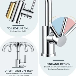 Forious Hoch Bad Wasserhahn 360° Drehbar, Edelstahl Waschtischarmatur mit