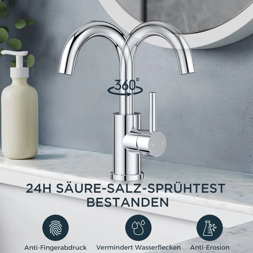 Forious Hoch Bad Wasserhahn 360° Drehbar, Edelstahl Waschtischarmatur mit