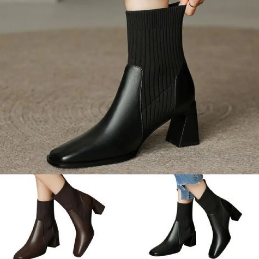 Frauen Knochelstiefel Quadratzehe Stiefel Damen Kleid Arbeiten Sockenstil Schuhe