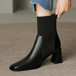 Frauen Knochelstiefel Quadratzehe Stiefel Damen Kleid Arbeiten Sockenstil Schuhe
