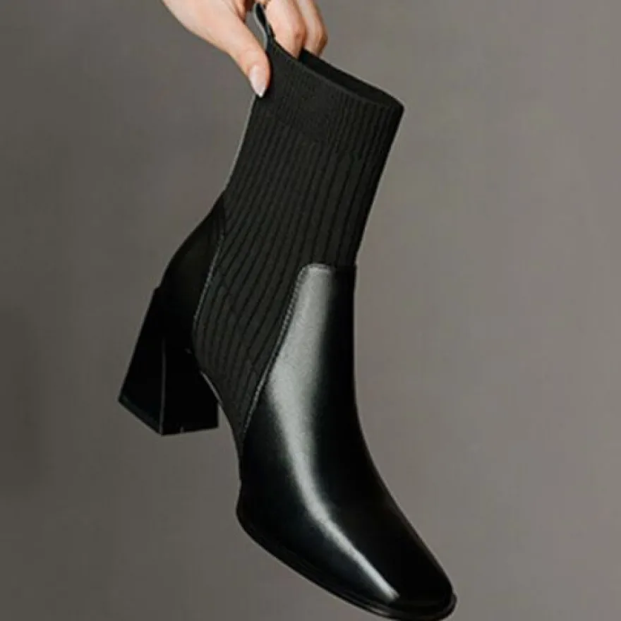 Frauen Knochelstiefel Quadratzehe Stiefel Damen Kleid Arbeiten Sockenstil Schuhe