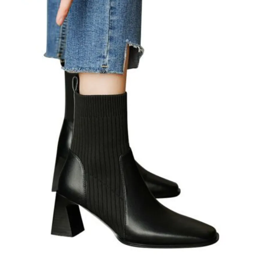 Frauen Knochelstiefel Quadratzehe Stiefel Damen Kleid Arbeiten Sockenstil Schuhe