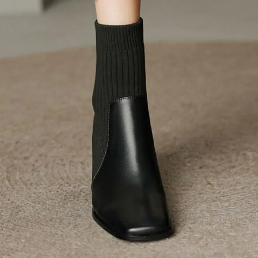 Frauen Knochelstiefel Quadratzehe Stiefel Damen Kleid Arbeiten Sockenstil Schuhe