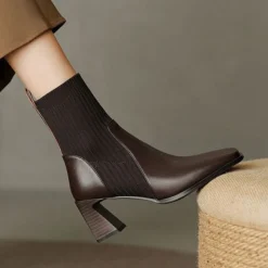 Frauen Knochelstiefel Quadratzehe Stiefel Damen Kleid Arbeiten Sockenstil Schuhe