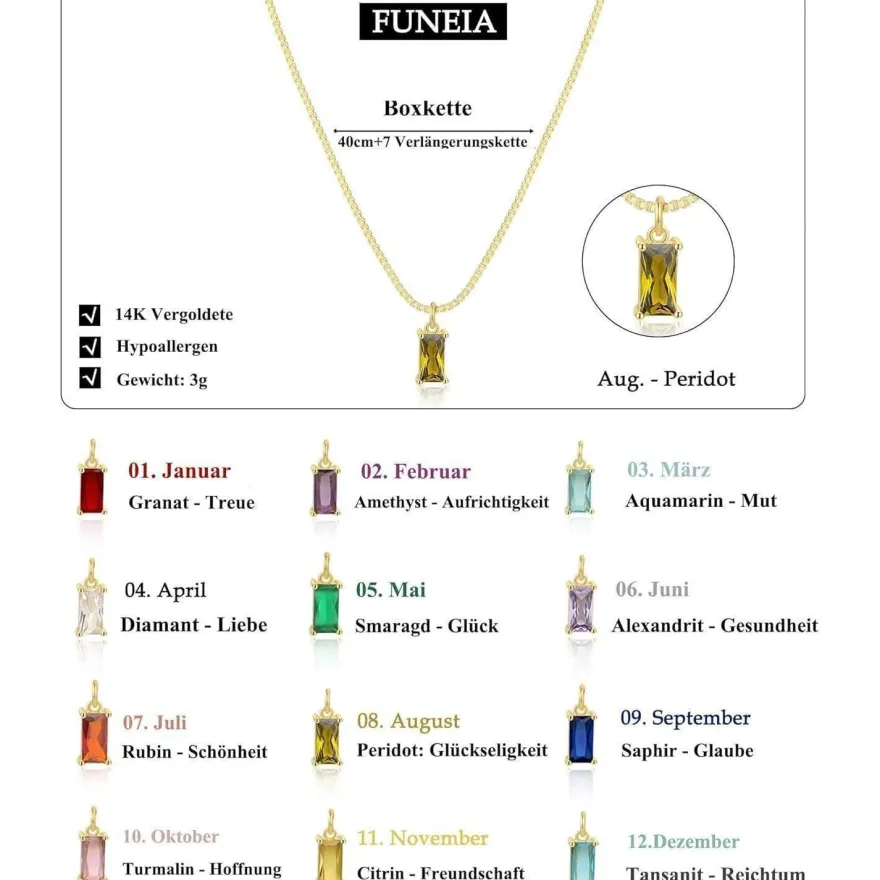 FUNEIA Damen Halskette 14K Vergoldet/925 Sterling Silber mit Geburtsstein