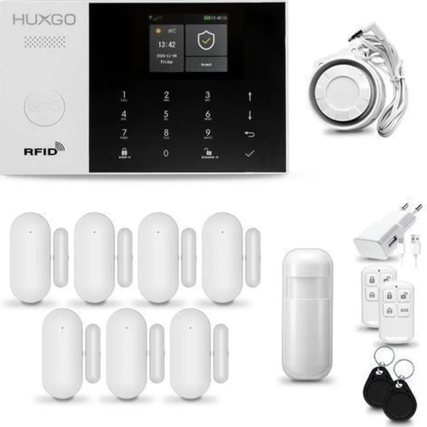 Funk Alarmanlage Set 4G mit Sirene, 1x Bewegungsmelder, 7x Tür- Fenstersensor HXA005