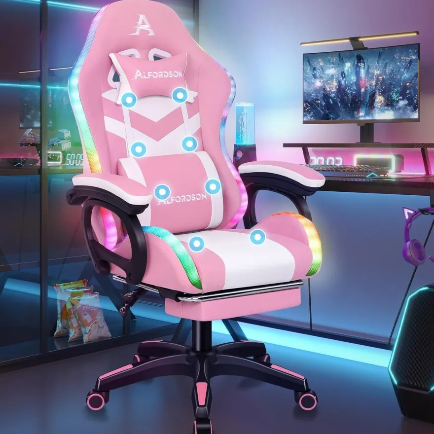 Gaming Stuhl Massage RGB LED Bürostuhl Ergonomisch mit Kopfstütze Lendenkissen