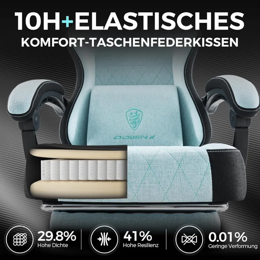 Gaming Stuhl Stoff mit Massage Lendenwirbelstütze und Fußstütze Bürostuhl 135KG