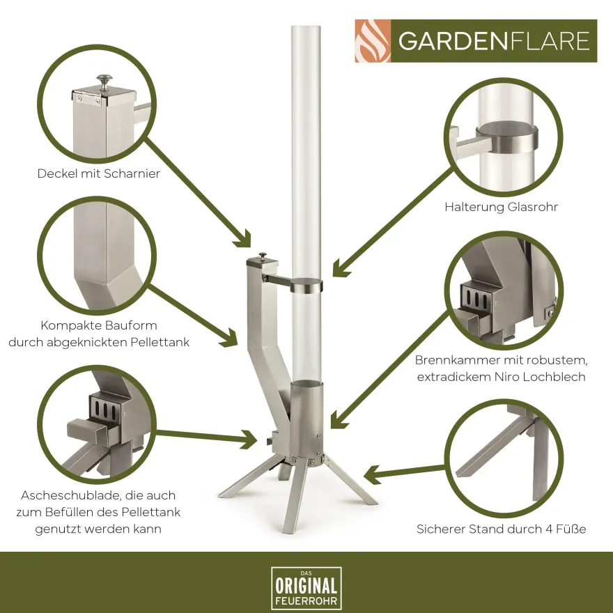 Gardenflare Feuerrohr aus Edelstahl in Silber für Outdoor-Bereiche