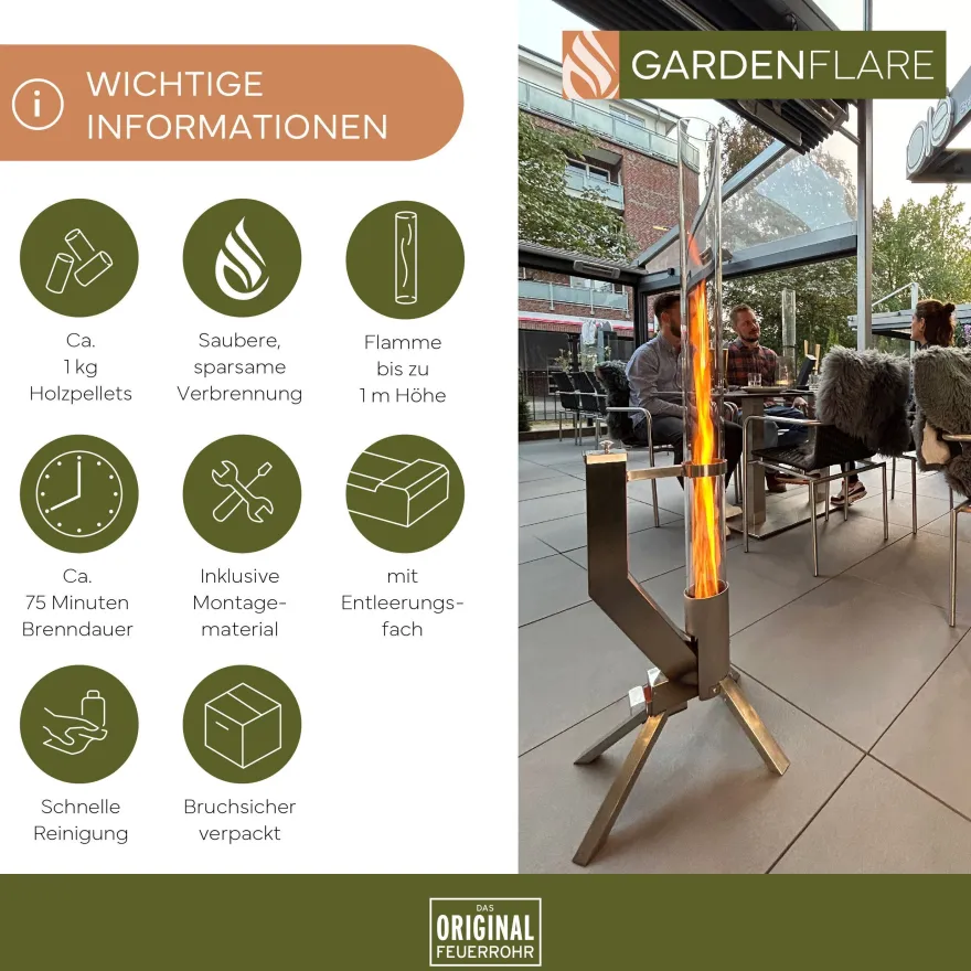 Gardenflare Feuerrohr aus Edelstahl in Silber für Outdoor-Bereiche