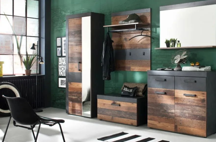 Garderobe Flur Garderoben-Set Old Used Wood Bank Kommode Paneel Spiegel Shabby Indy