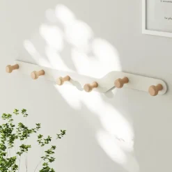 Garderobenleiste Kindergarderobe Wandhaken Holz Cremefarben 6 Haken