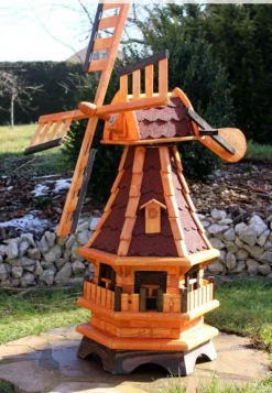 Gartenwindmühle Holz Optional mit Solarlicht - weiß, drehbar, 99 cm
