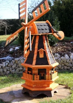 Gartenwindmühle Holz Optional mit Solarlicht - weiß, drehbar, 99 cm