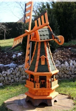 Gartenwindmühle Holz Optional mit Solarlicht - weiß, drehbar, 99 cm