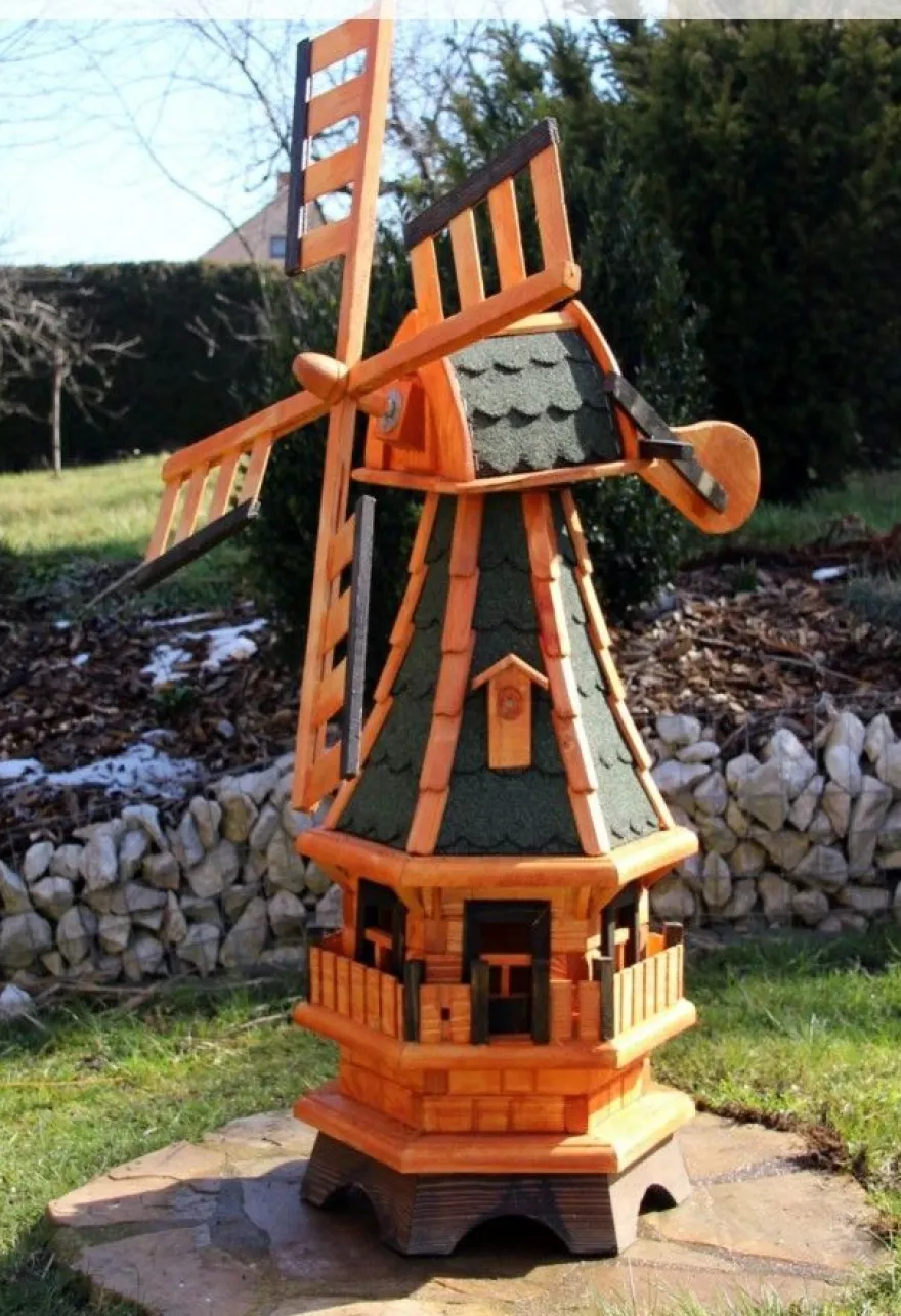 Gartenwindmühle Holz Optional mit Solarlicht - weiß, drehbar, 99 cm